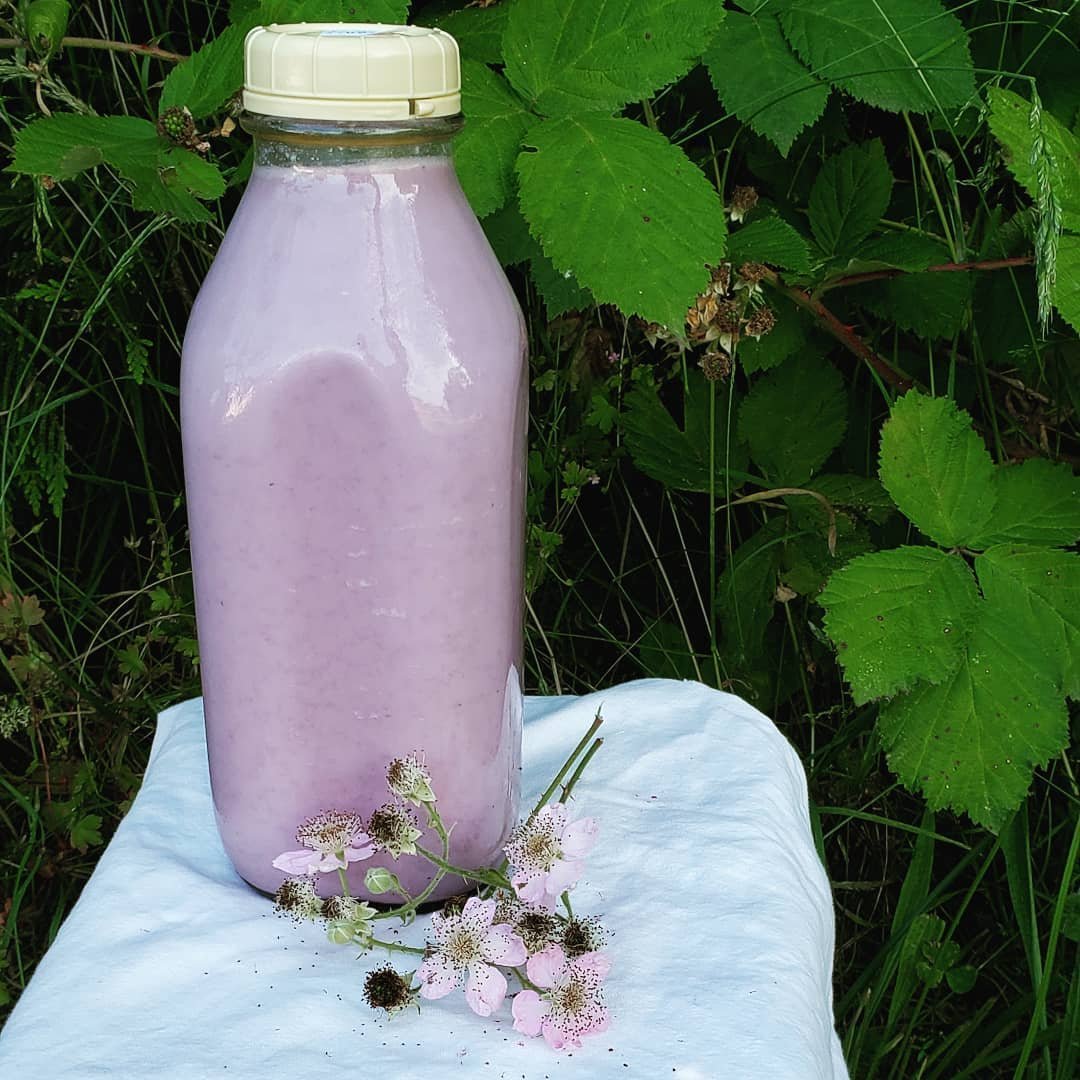 105299913_2698159470414733_8598645158879348887_n Bottle of creamy purple smoothie placed on a white cloth, surrounded by wildflowers and green foliage, showcasing a fresh and natural beverage ideal for healthy living.