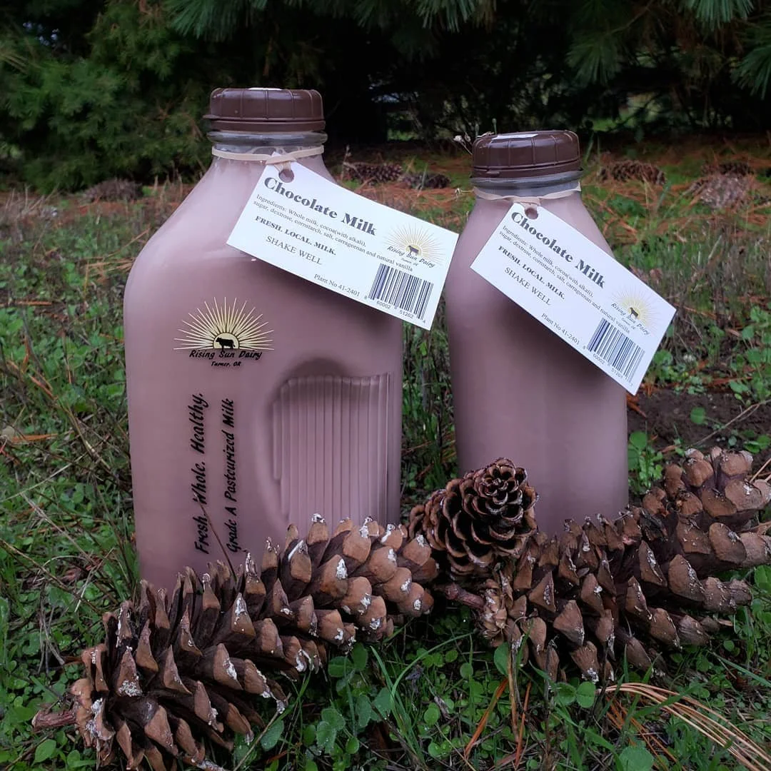 choco+milk Two bottles of fresh chocolate milk from Rising Sun Dairy, labeled with "Shake Well" instructions, placed on grass alongside pine cones. The product emphasizes freshness and local sourcing.